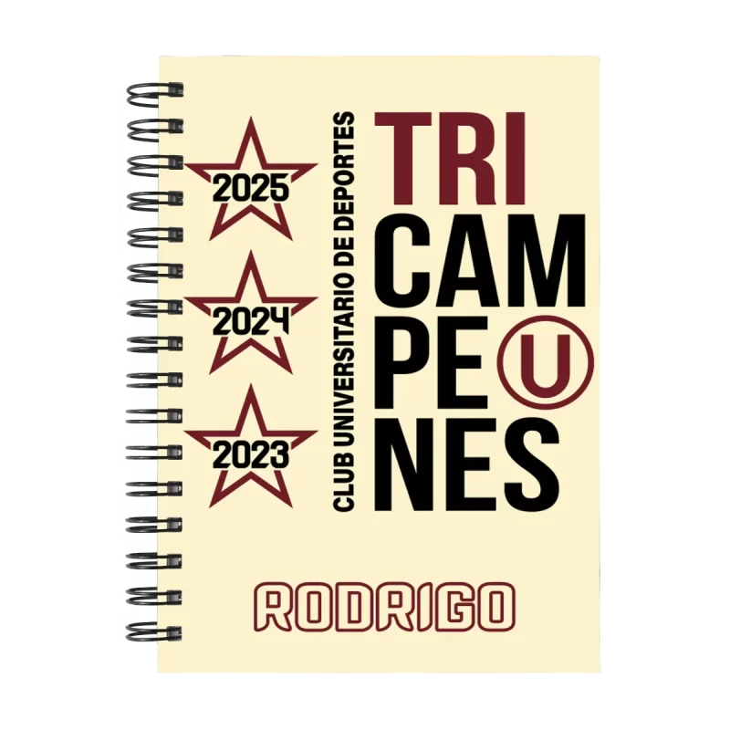 Cuaderno Universitario de Deportes Tricampeones en tamaño A5 con tapas duras y hojas a elección