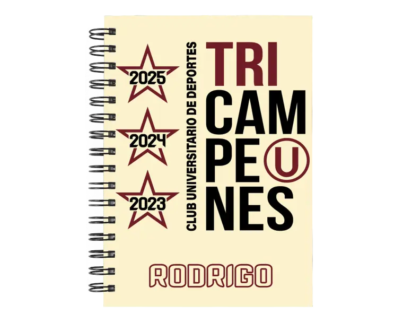 Cuaderno Universitario de Deportes Tricampeones en tamaño A5 con tapas duras y hojas a elección