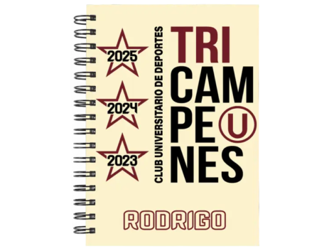 Cuaderno Universitario de Deportes Tricampeones en tamaño A5 con tapas duras y hojas a elección